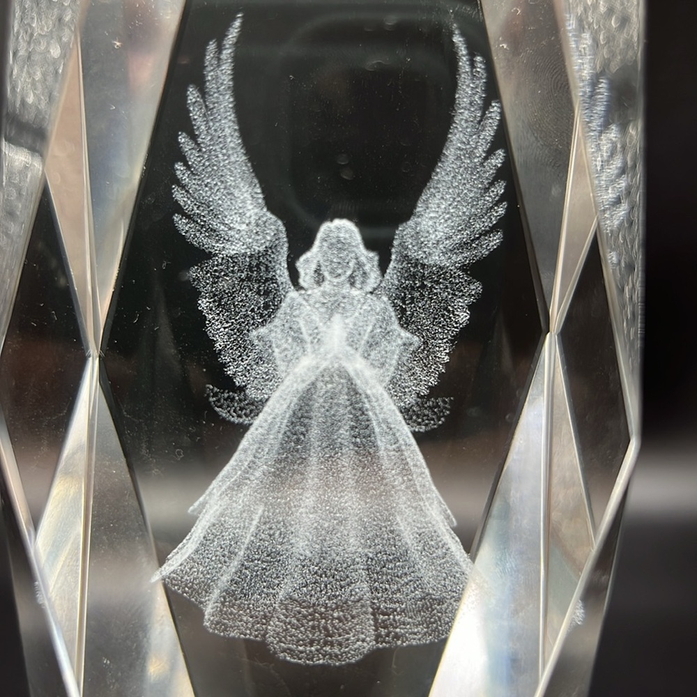3D HOLOGRAM LASER ETCHED ANGEL MULTIFACETED GLASS CRYSTAL BLOCK